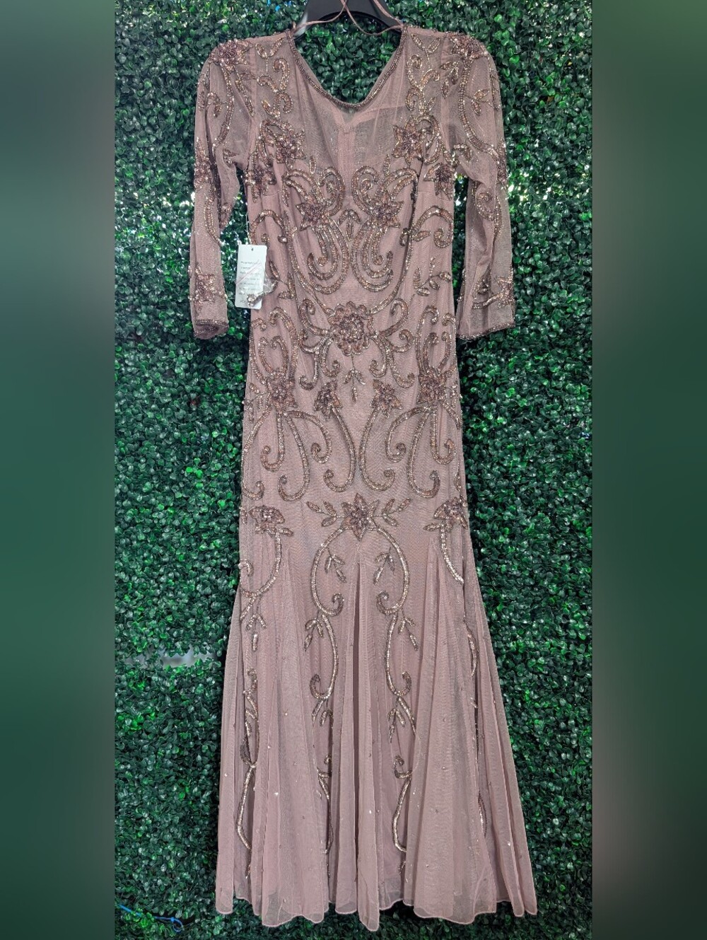 Pisarro Nights Blush Mauve Beaded Long Sleeve Evening Gown